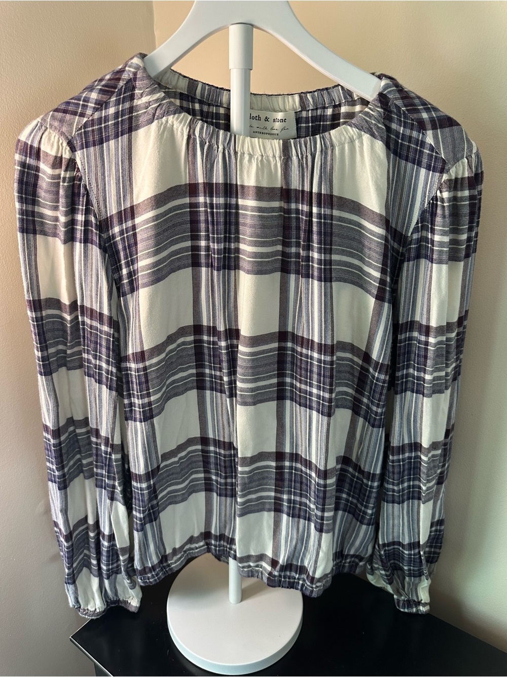 Anthropologie cloth & stone White and Purple Plaid Long-Sleeve Top